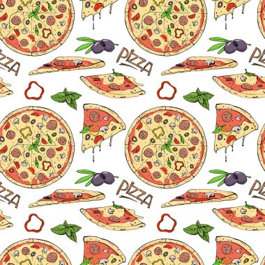 Pizza ve beyaz arka plan üzerinde maddeler seamless modeli.
