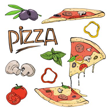 Pizza ve beyaz zemin üzerine malzemeler.