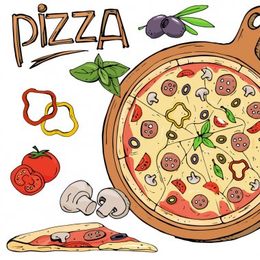 Pizza ve beyaz zemin üzerine malzemeler.