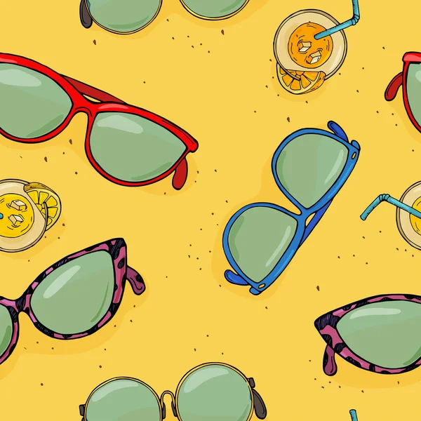 Mönster med olika solglasögon och lemonad på bakgrunden av sand på stranden. — Stock vektor