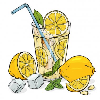 Bir cam bardak buz ve nane ile serin limonata. Bütün limon, yarısı ve tohumları ile dilim.