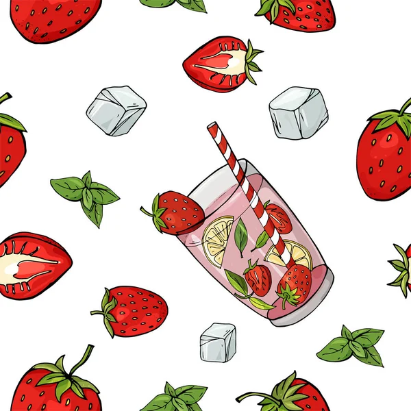 Seamless pattern with strawberry drink in glass Cup with ice and mint.