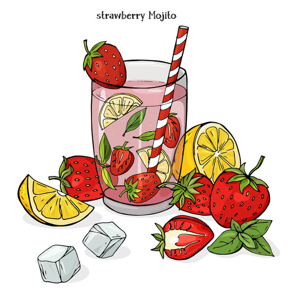 Cool strawberry drink in a glass Cup with ice and mint. Strawberry on white background.