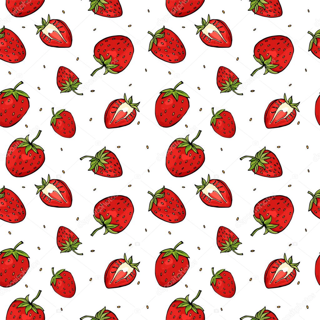 Seamless pattern with different strawberries.