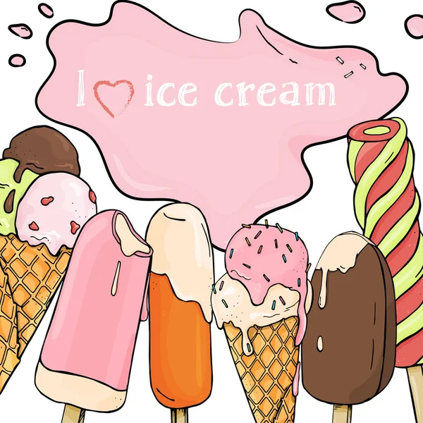 Мороженое разных сортов. Мороженое тает в летнюю жару. Яркий стильный макет на белом фоне . — стоковый вектор
