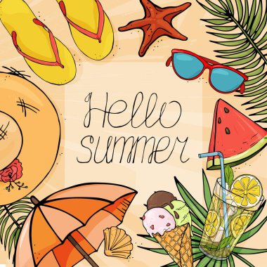 Renkli plaj öğeleri eskiz tarzı. Merhaba yaz vektör banner tasarımı.
