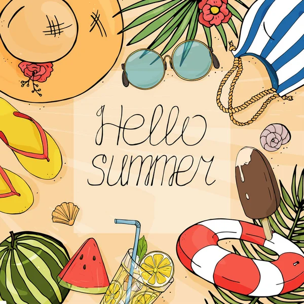 Colorful beach items in the style of the sketch. Hello summer vector banner design. — Stock Vector