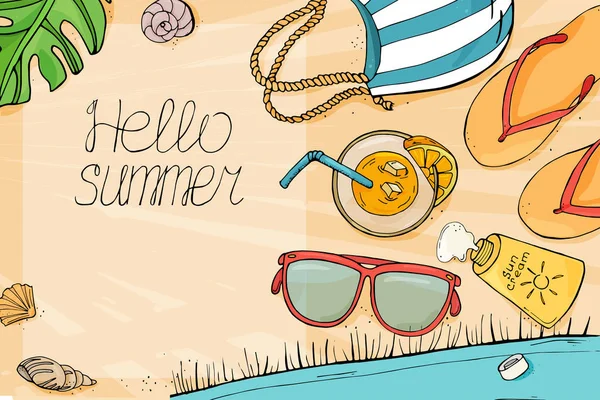 Kleurrijke beach items in de stijl van de schets. Hallo zomer vector het ontwerp van de banner. — Stockvector