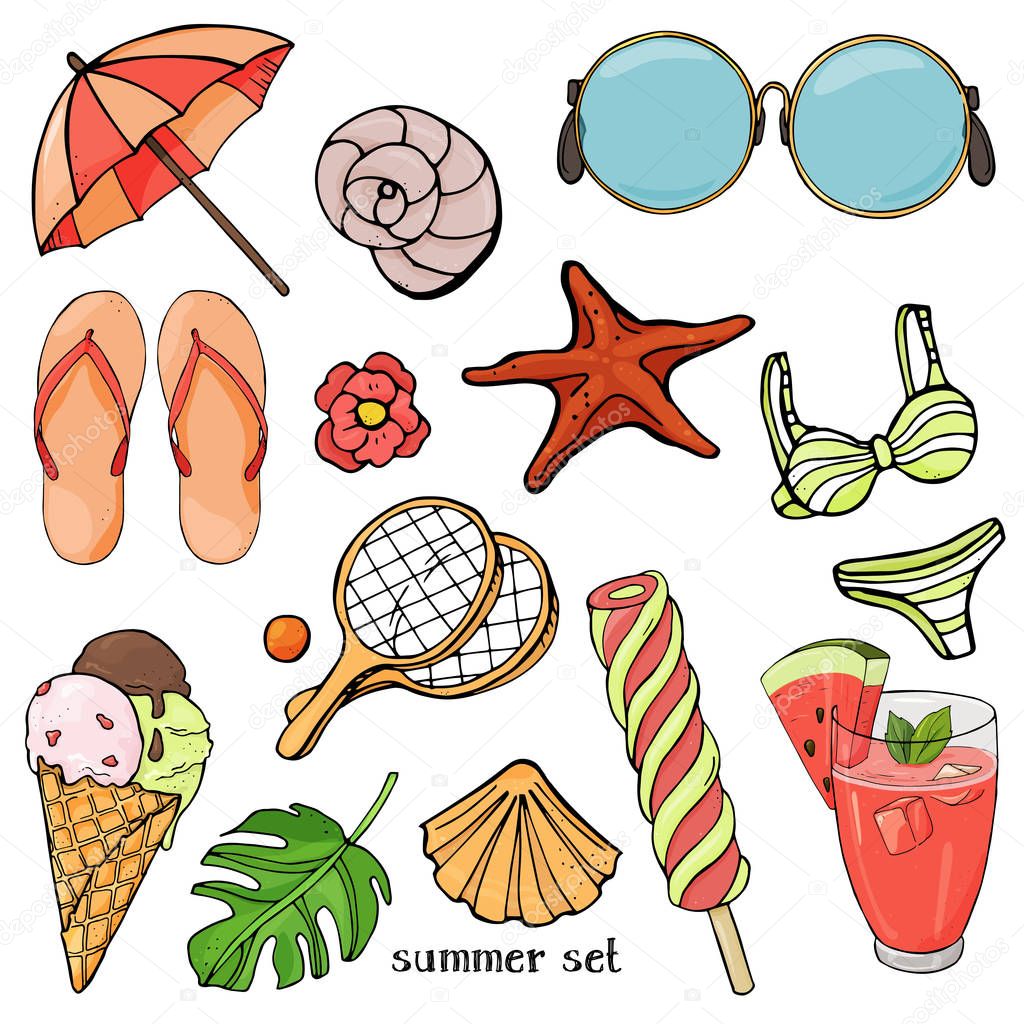 Summer set on the theme of beach holidays and summer meals. Colorful beach items in sketch style.