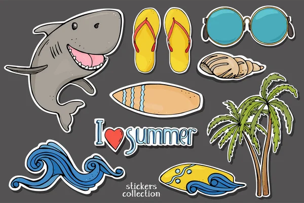 Set d'été sur le thème des vacances à la plage et le surf. Autocollants colorés dans le style du croquis . — Image vectorielle