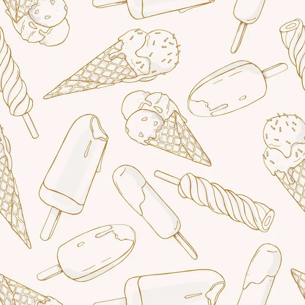 Бесшовный рисунок различных видов мороженого на белом фоне. Вектор в стиле эскиза . — стоковый вектор