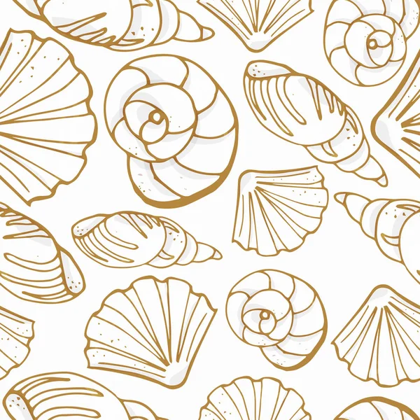 Patrón sin costura de diferentes tipos de conchas marinas. Siluetas de un solo color sobre fondo blanco . — Vector de stock