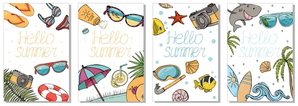 Collection de cartes colorées sur le thème de l'été. Accessoires de plage, articles pour la plongée sous-marine et surf . — Image vectorielle