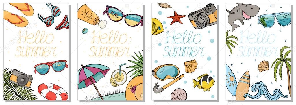 Collection of colorful cards on the summer theme. Beach accessories, items for scuba diving and surfing.