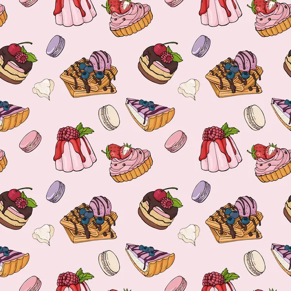 美味しいデザートとパターン。ベリーとピンク色の背景の上の霜のスタイリッシュでカラフルなお菓子. — ストックベクタ