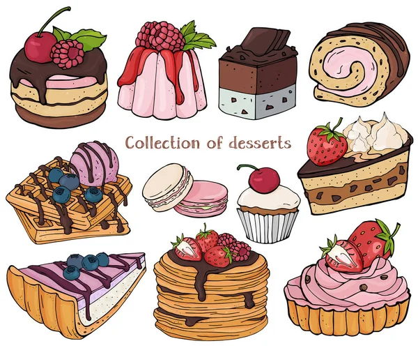 Collection of colorful desserts. Colorful, vibrant, stylish sweets and pastries with berries and icing. — Stock Vector