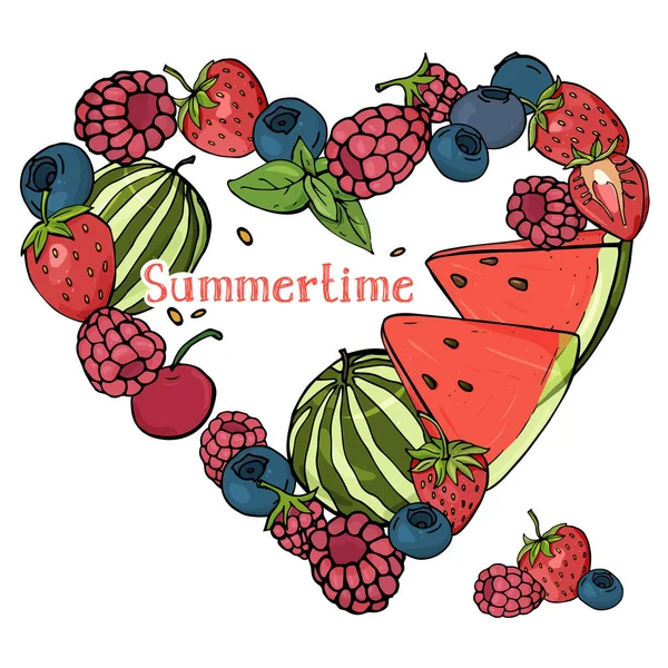 Las bayas y frutas de verano se presentan en forma de corazón . — Archivo Imágenes Vectoriales