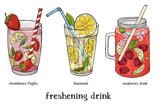 Set de tres refrescantes bebidas de verano. Fresa Mojito, limonada y cóctel de frambuesa . — Vector de stock