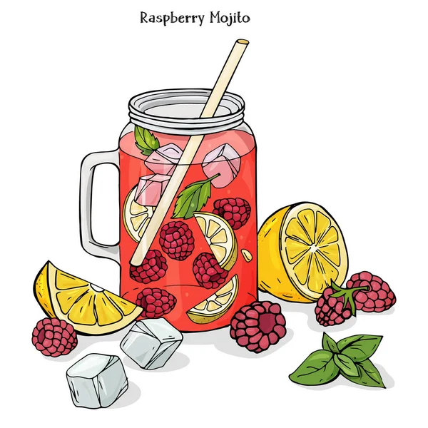 Εικονογράφηση πολύχρωμο διάνυσμα με σκίτσο στυλ. Δροσερό βατόμουρο ποτό σε ένα γυαλί Κύπελλο με πάγο, μέντα και λεμόνι. — Διανυσματικό Αρχείο