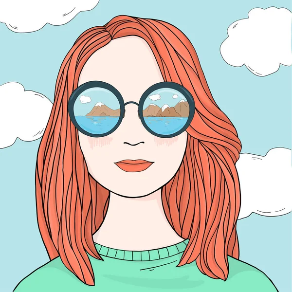 Retrato de una hermosa mujer con el pelo largo y rojo en gafas de espejo . — Archivo Imágenes Vectoriales