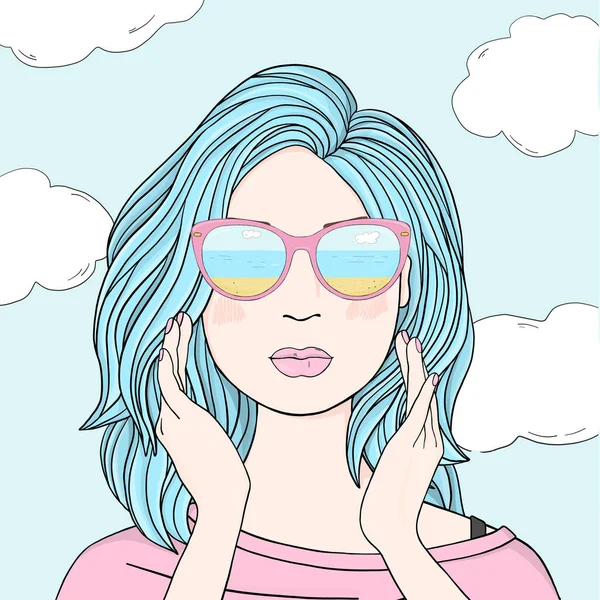 Ritratto di una bella donna con lunghi capelli blu in occhiali a specchio . — Vettoriale Stock