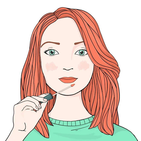 Femme aux longs cheveux roux peint ses lèvres . — Image vectorielle