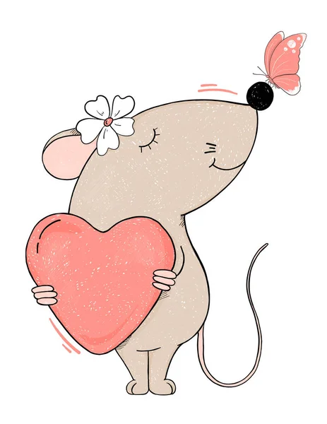 Αστείο ποντίκι με καρδιά και πεταλούδα στη μύτη του. — Διανυσματικό Αρχείο