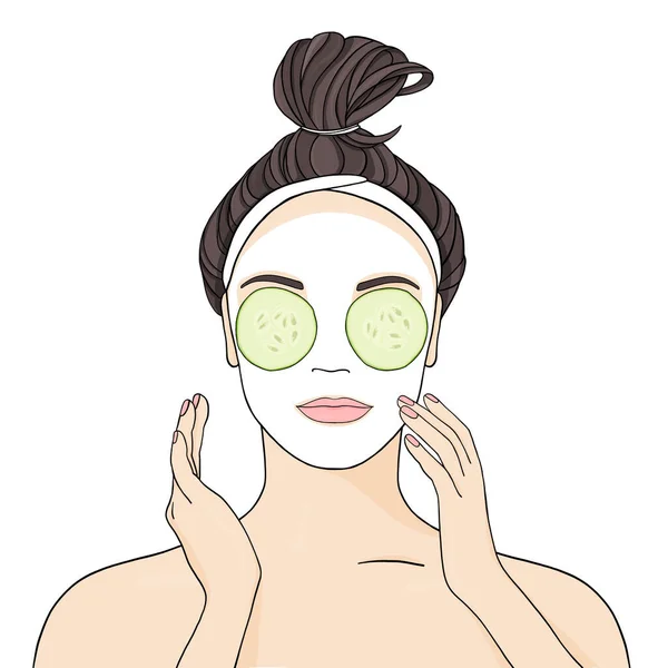 Beautiful girl applies face mask and cucumbers on white background. — Stock Vector