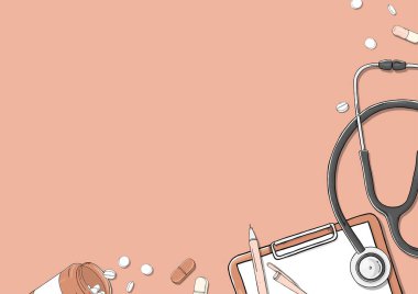 Sağlık temasını çerçevele. Tıbbi ekipman, tablet ve tabletler.