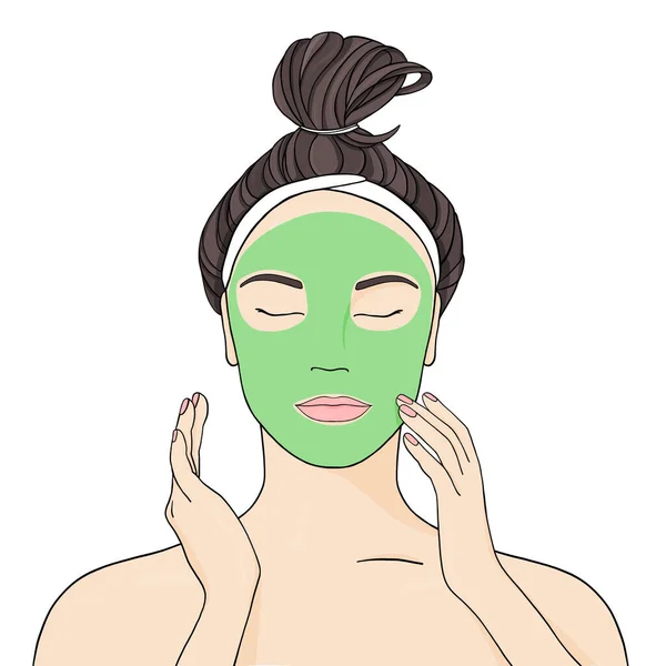 Dívka si nasadí masku na obličej. Kosmetické procedury pro krásu a zdraví pokožky. — Stockový vektor