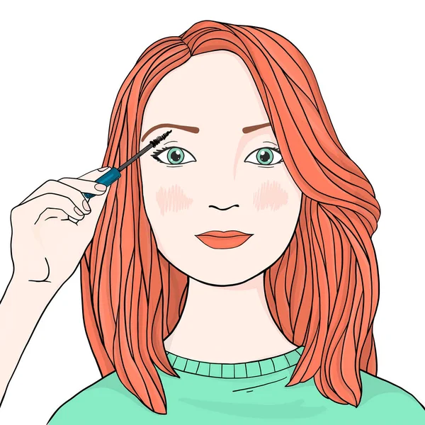 Krásná žena s dlouhými oranžovými vlasy rozjasní její řasy. — Stockový vektor