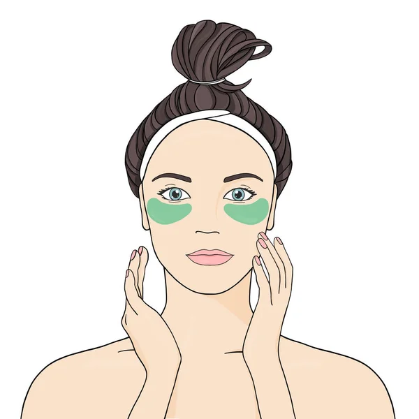 Girl with patches under her eyes. Beauty treatments for skin beauty and health. — Stock Vector