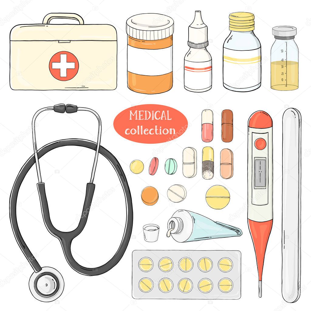Set with medical equipment, medicines and first aid kit. Various jars and tablets.