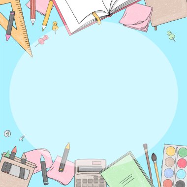 Mavi arka planda okul malzemeleri olan bir çerçeve. Şablon. Model.