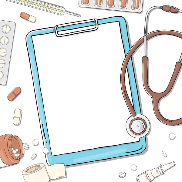 Poster on the theme of health. Stethoscope, medication, and tablet.