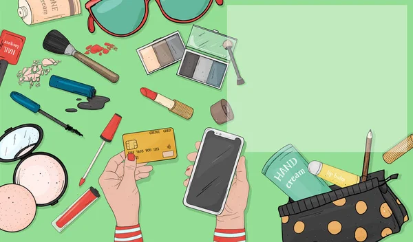 女人用信用卡和智能手机来支付网上购物的费用。 化妆品和化妆品。 模板. — 图库矢量图片