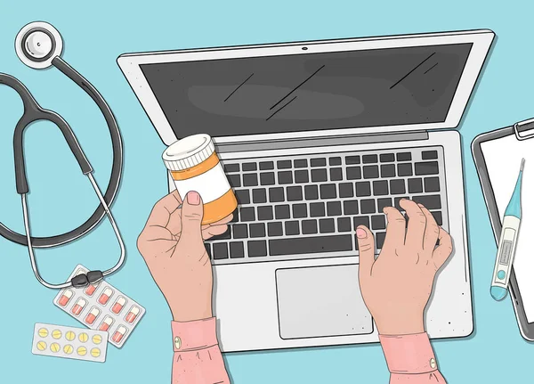 Vektorillustration zum Thema Gesundheit. Ärzte mit Laptop und Medikamenten. — Stockvektor