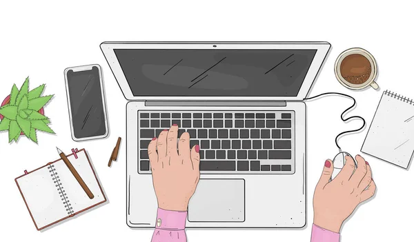 Frau arbeitet an einem Laptop. Hände auf Computertastatur und Maus auf weißem Hintergrund. — Stockvektor