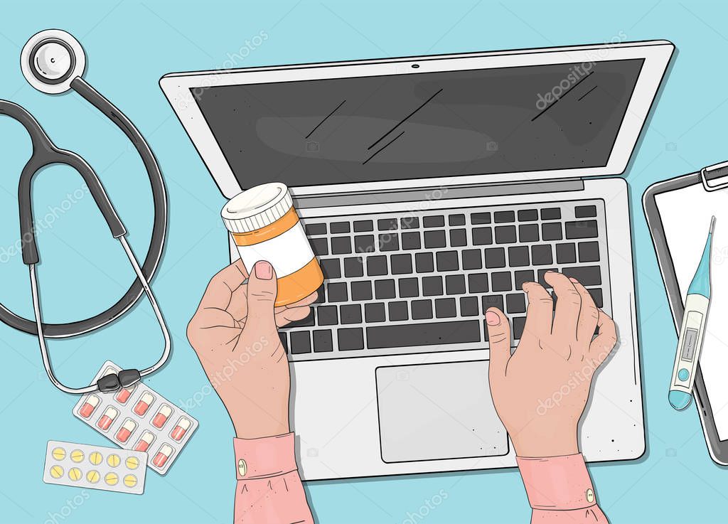 Vector illustration on the theme of health. Doctors hands with a laptop and medicines.