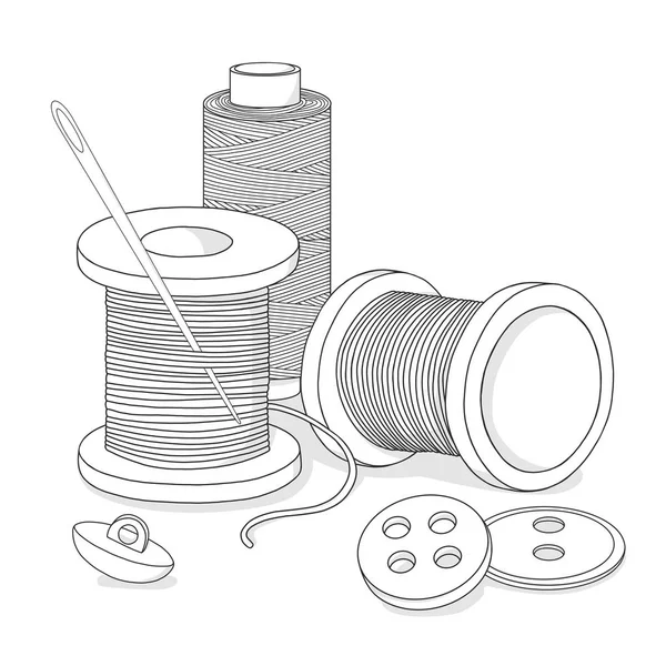 Bobinas de hilo, botones y una aguja de coser. Aguja y temas hechos a mano. Esquema negro sobre fondo blanco . — Vector de stock