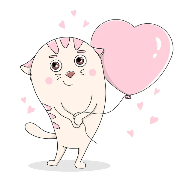 Χαριτωμένη γάτα με μπαλόνι σε σχήμα καρδιάς. Ημέρα του Αγίου Βαλεντίνου. — Διανυσματικό Αρχείο