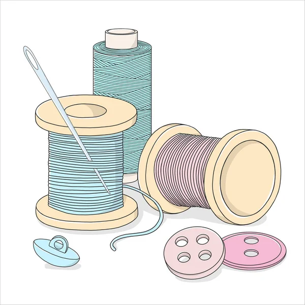Spools of thread, buttons, and a sewing needle. Needlework and handmade themes on white background. Royalty Free Stock Illustrations