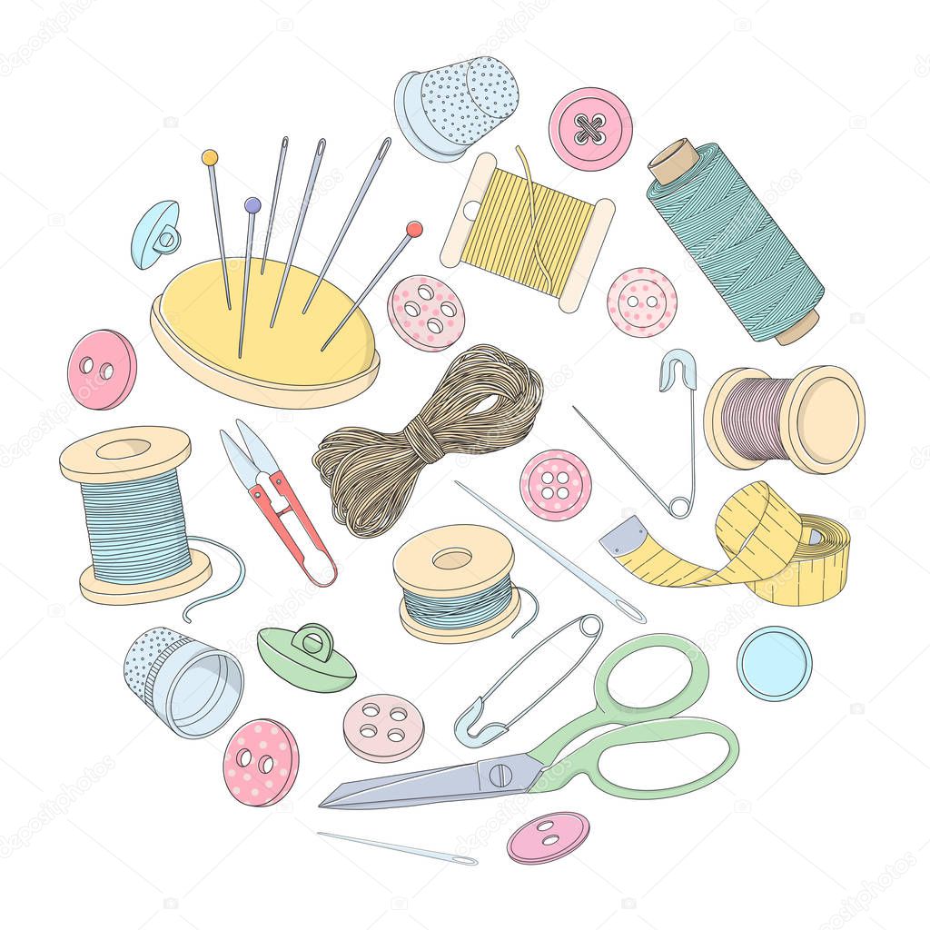 Sewing accessories are arranged in a circle. Colorful vector illustration in sketch style.