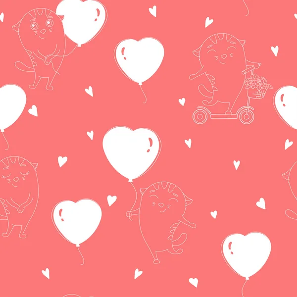 Kalp şeklinde balonları ve scooter 'ı olan sevimli kedilerle kusursuz bir desen. Sevgililer Günü. — Stok Vektör