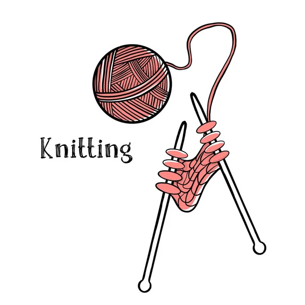 Balón de lana para punto de punto y punto de agujas sobre fondo blanco. Tema de agujas, Hobbies y tejidos. Plantilla:. — Archivo Imágenes Vectoriales
