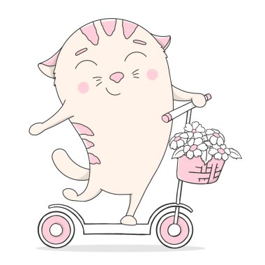 Scooter 'daki sevimli kedi. Beyaz arkaplanda vektör illüstrasyonu.