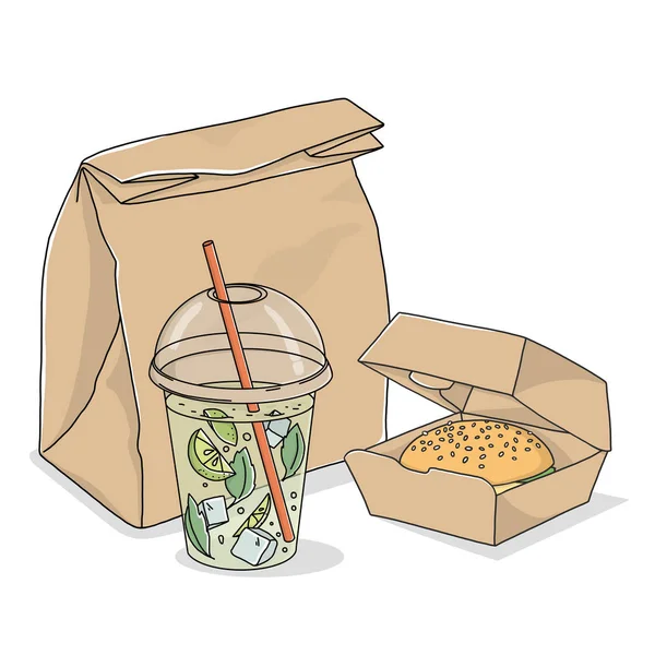 Comida para llevar. Bolsa de papel, limonada, sándwich sobre fondo blanco . — Vector de stock