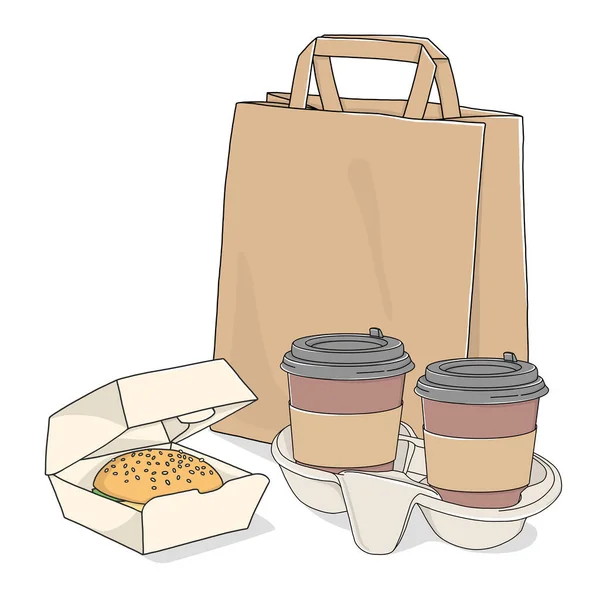 Comida para llevar. Bolsa de papel, café en una taza desechable y un sándwich sobre un fondo blanco . — Vector de stock