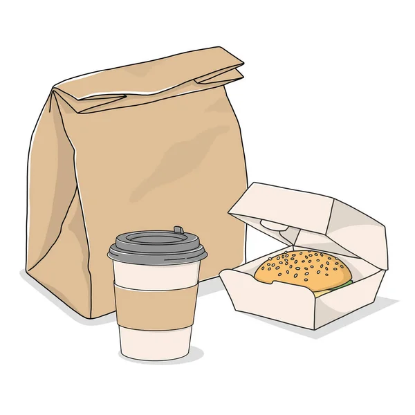 Essen zum Mitnehmen. Papiertüte, Kaffee im Einwegbecher und ein Sandwich auf weißem Hintergrund. — Stockvektor