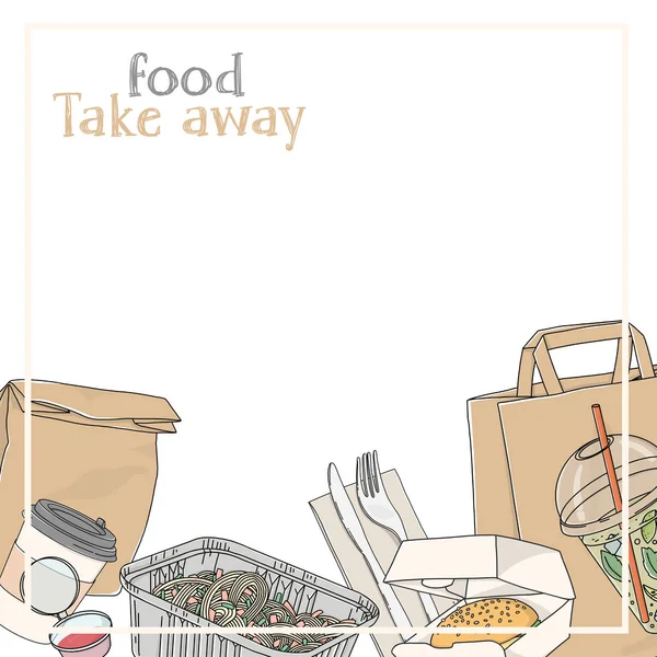 Take-away food. Paper bags, drinks, hot food and sandwiches in disposable packaging on a white background. Template. — Stock Vector